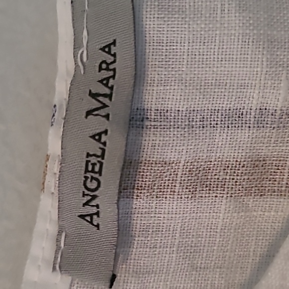 Angela Mara Linen White Tan Blue Striped Pull-on Wide Pants Popover Top Tie Sz L - Picture 2 of 16